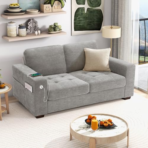 Hanherry 70" Loveseat Sofa for Living Room, Modern Comfy Couch with Medium Firm Seat Cushion, Removable Cover,Wide Armrest,USB/Type-C Port,Chenille Fabric Couches for Small Space,Apartment,Bedroom - color: Grey, size: 70 Inch
