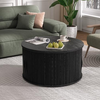 SULIVES Round Coffee Table with Lifting Top, Multifunctional Lift Top Drum Coffee Table with Sliding Door, Small Fluted Center Table for Living Room,Black - color: Black_round-lift-top