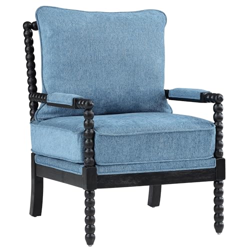 DUHOME Linen Fabric Spindle Accent Chair with Wood Frame,Modern Accent Spool Chairs with Padded Spring Seat and Brushed Blue Base for Living Room Bedroom Farmhouse Home Office Belcony - color: Black+blue, size: 1 pc
