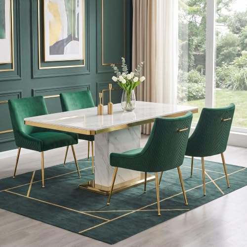 WUTUTUEE Velvet Dining Chairs Set of 4 Gold Legs,Upholstered Velvet Accent Chairs, Pleated Back Design & Gold Pull Handle, Mid Century Modern Chairs for Dining/Kitchen/Living Room,Green - color: Green, size: Set of 4