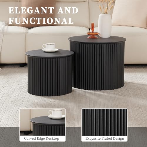 Round Nesting Coffee Table Set of 2, Small Fluted Coffee Table Circle Side Table, Mid Century Modern Wood Nesting Tables Farmhouse End Table Set for Living Room, Bedroom, Small Spaces(Black) - color: Black, size: Small-Fluted