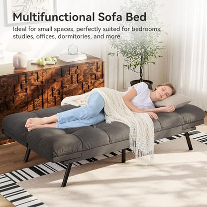 Vipbear Convertible Futon Sofa Bed,Grey Linen Futon Couch with Detachable Cushion,Adjustable Backrest & Armrest,Modern Small Recliner Loveseat Sleeper Couch for Living Room,Office,Apartment