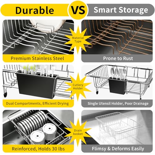 Expandable Over The Sink Dish Drying Rack - Adjustable Stainless Steel Dish Rack for Kitchen Counter or In-Sink, Heavy-Duty Rust-Proof Space Saving Drainer with Utensil Holder (15.5" to 23.2")
