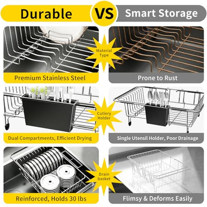 Expandable Over The Sink Dish Drying Rack - Adjustable Stainless Steel Dish Rack for Kitchen Counter or In-Sink, Heavy-Duty Rust-Proof Space Saving Drainer with Utensil Holder (15.5" to 23.2")