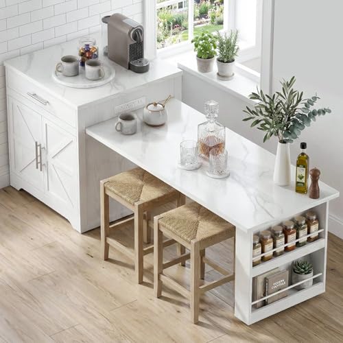 FUSUNBAO 78'' Kitchen Island with Extendable Dining Table for 4-6, Farmhouse Rolling Mobile Center Islands with Storage, Wine Glass Rack, Charging Station, 2 Drawers 2 Side Open Shelves, White - color: White