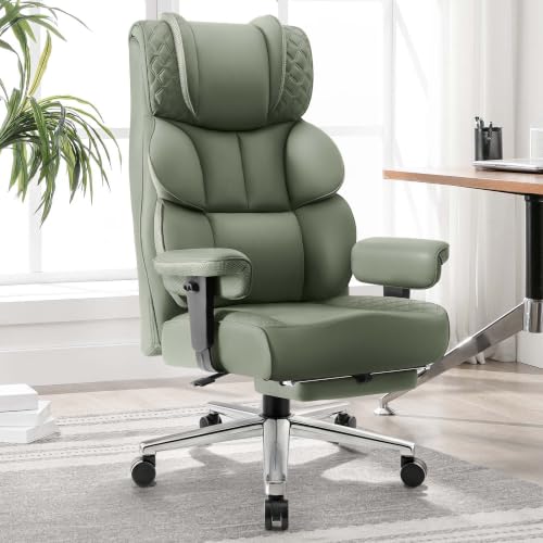 BestGlory Office Desk Chair, Big and Tall Leather Gaming Chair with Footrest, Wide Ergonomic Comfy Executive High-Back Reclining Computer Chairs, Swivel Rolling Wheels and Padded Lumbar Support, Green - color: Green, style: 3 Position Reclining