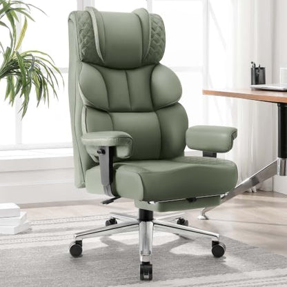 BestGlory Office Desk Chair, Big and Tall Leather Gaming Chair with Footrest, Wide Ergonomic Comfy Executive High-Back Reclining Computer Chairs, Swivel Rolling Wheels and Padded Lumbar Support, Green - color: Green, style: 3 Position Reclining