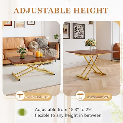 Adjustable Height Coffee Table, Folding Dining Table, Walnut&Gold | Convertible lift top table for use as a coffee table, dining table, home office desk or vanity - color: Walnut & Gold Legs