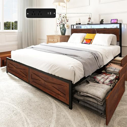 Zevemomo Full LED Bed Frame with 6 Storage Drawers, Farmhouse Headboard w/Charging Ports Station, Full-Size Platform Bed Frame No Box Spring Needed, Metal Structure & Wood Boards, Rustic Bed Frames