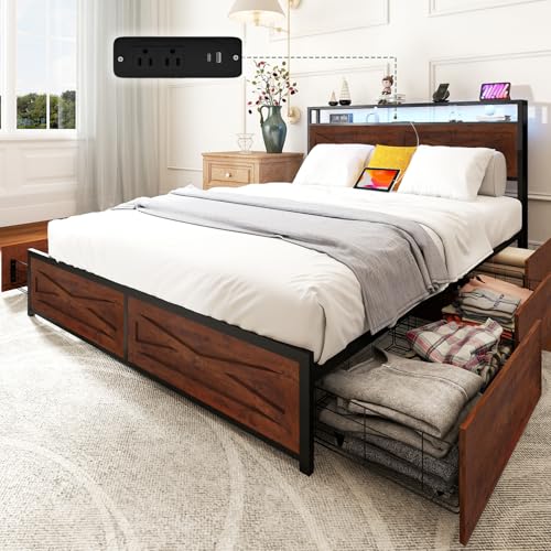 Zevemomo Full LED Bed Frame with 6 Storage Drawers, Farmhouse Headboard w/Charging Ports Station, Full-Size Platform Bed Frame No Box Spring Needed, Metal Structure & Wood Boards, Rustic Bed Frames