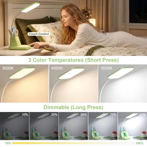 LED Desk Lamp with 10W Wireless Charging & Pen Holder, Light Green | CRI 95, 800LM, Stepless Dimming, 3 Modes, 360°Flexible Arm, Touch, Study Table Lamp for Home Office, Dorm Room, with Adapter - color: Green