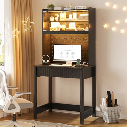 Lvifur Writing Desk with Power Outlet - Small Study Desk with LED Lights, Home Office Desk with Drawer & Hutch & Pegboard, Space Saving Study Table Work Station for Dorm, Living Room (Black) - color: Black86023