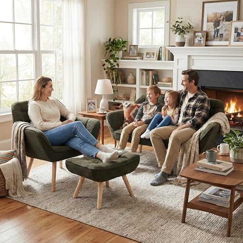 Green Sherpa Accent Chair with Ottoman ，Modern Reading Chairs with Ottoman Set, Comfy Fuzzy Armchair Living Room Chair Lounge Chair with Wood Legs for Small Spaces Bedroom Apartment - color: Green, size: Chair with Ottoman