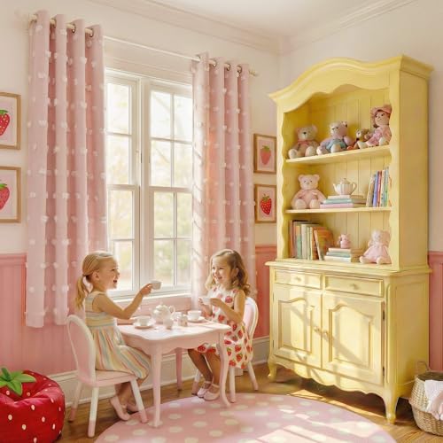 NICETOWN Pink Pom Pom Kids Curtains 63 inches Long, Room Darkening Double Layer Sheer Drapes for Girls Bedroom, Thermal Insulated Window Treatments for Nursery, W52 x L63, 2 Panels - color: Pink, size: 52"W x 63"L (Pack of 2)