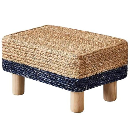 Wimarsbon Natural Seagrass Footstool Ottoman Rectangular Footrest Pouf Ottomans with Wooden Legs Hand Weave Step Stool for Living Room Bedroom Entryway Blue - color: Blue, size: 12"D x 16.5"W x 9.5"H
