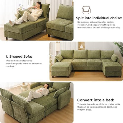 111'' Sectional Couches,with 2 Movable Chaise Lounge,Chenille,Green | U Shaped Sofa,4-Seater Comfy Couch with Thick Cushion,Wood Legs,2 Throw Pillows,Sectional for Living Room,Apartment,Bedroom - size: 111'' U Shaped Sofa