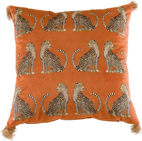 Fall Square Decorative Throw Pillow Cover with Tassels Leopard Pattern Cushion Cover Luxury Style Soft Velvet Pillowcase for Sofa Couch Bedroom (18"x18",Orange) - color: Orange, size: 18" x 18" (Pack of 1)