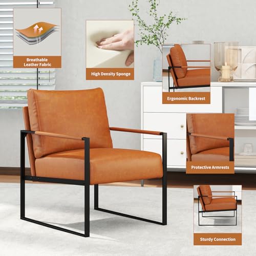 Mid Century Modern Accent Chair, PU Leather Armchair with Metal Frame,Comfy Single Reading Chair with Soft Padded Backrest and Cushion for Living Room, Bedroom,Reading Room,Office,Brown - color: Brown