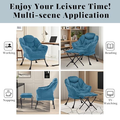 Lazy Chair with Ottoman, Comfy Reading Chair, Blue | Cushioned Seat with Foldable Ottoman and Side Pocket, Lounge Chair for Bedroom, Living Room, Dorm and Small Spaces - color: Blue