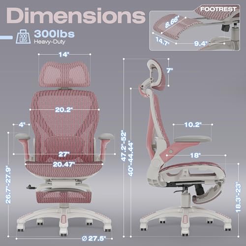 X100 Ergonomic Mesh Office Chair with Footrest, Big and Tall Home Desk Chair with 5D Flip-Up Arms, Adjustable 3D Lumbar Support, Gaming & Executive Computer Chair (Peach Blossom) - color: Peach Blossom