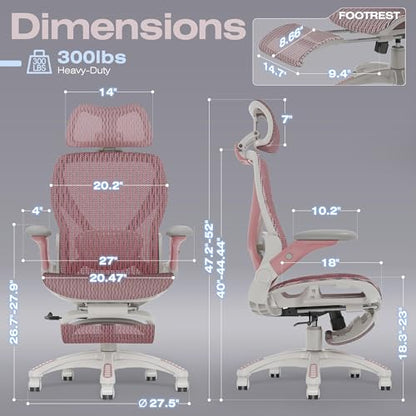 X100 Ergonomic Mesh Office Chair with Footrest, Big and Tall Home Desk Chair with 5D Flip-Up Arms, Adjustable 3D Lumbar Support, Gaming & Executive Computer Chair (Peach Blossom) - color: Peach Blossom