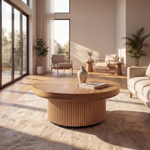 33.5" Round Coffee Table with Real Wood Parquet Top,Natural | Mid-Century Modern Tea Table Center Table, Thickened Tabletop, Sturdy Base for living Room, Easy Assembly - color: E-33.5" Natural