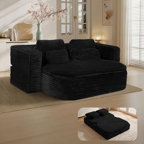 75'' Folding Sleeper Sofa Bed, Memory Foam Boneless Couch | Full Size Guest Bed Mattress, Modern 2-in-1 Floor Deep Seat Sleeper Sofa with 4 Pillows and Blanket | Corduroy Black - color: Black, style: Corduroy