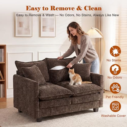 50'' Loveseat Sofa Cloud Sofa Couch, Modern Loveseats 2 Seat Couch 27" Deep Seat with 2 Pillows for Small Spaces Apartment Studio Office Bedroom Living Room, Brown - color: Brown, size: 50"