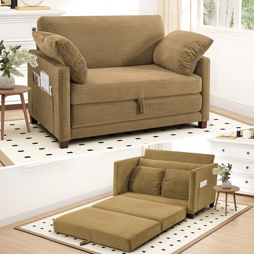 Myroyalsit 51" Convertible Loveseat Sofa Bed, 2-in-1 Folding Sofa Bed with 2 Pillow for Small Spaces, Modern Loveseat Sleeper Couch for Apartment, Living Room & Guest Room (Brown Corduroy, 51 inch) - color: Brown, size: 51"