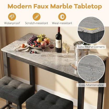 COSTWAY 3-Piece Wooden Bar Table Set with Charging Station | Modern Counter Height Table, Faux Marble Top, 2 Padded Stools, Console Table Set for Living Room, Kitchen, Dining Room, Gray - color: Grey