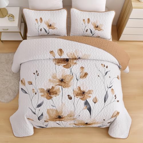 Mybedsoul Full/Queen Quilt Set Brown, 3 Pcs Fall Bedspreads & Coverlets Set | Summer Lightweight Farmhouse Botanical Bedding Set with 2 Shams, Reversible Polyester Coverlet Set for All Seasons, 96"x90" - color: Brown, size: Queen96"x90"