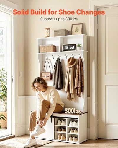 VEVOR Hall Tree with Bench and Shoe Storage, 42" Wide, Entryway Hall Tree with Bench, Hanging Hooks, Storage Shelves, Adjustable Shoe Shelves, Wooden Furniture for Mudroom, Entryway, Hallway, White - size: 41.7 x 15.7 x 78.7 in