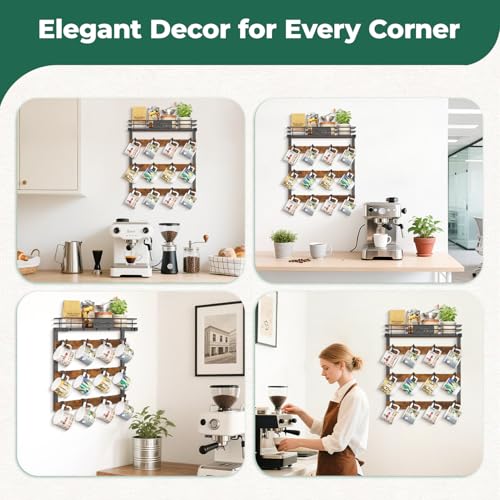 EsLuker.ly Coffee Mug Holder Cup Hanger Wall Mounted Display Rack | Metal Organizer with 12 Movable Plastic Hooks, Wood Rustic Shelf for Coffee Bar Home Kitchen, Thoughtful Wall Storage - style: 12 Movable Hooks Brown Style