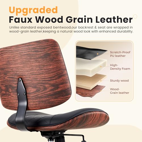 IWMH Armless Desk Chair Home Office Chair with Wheels Walnut PU Retro Chair | Ergonomic Swivel Computer Chair no Arms Mid-Century Adjustable Height Rolling Task Chair for Study Work Small Space Black