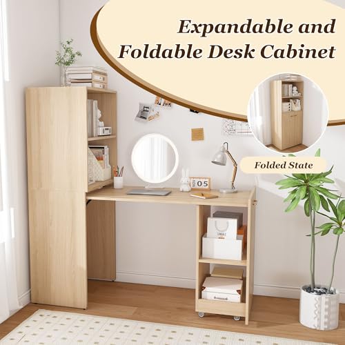 HRVEOCEI Bamboo Fold Out Desk with Storage, Mid Century Hideaway Desk for Small Spaces, Folding Computer Desk for Home Office Bedroom Apartment, Space Saving (Natural Wood) - color: Natural Wood