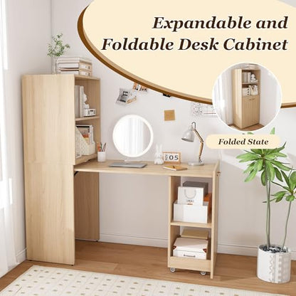 HRVEOCEI Bamboo Fold Out Desk with Storage, Mid Century Hideaway Desk for Small Spaces, Folding Computer Desk for Home Office Bedroom Apartment, Space Saving (Natural Wood) - color: Natural Wood
