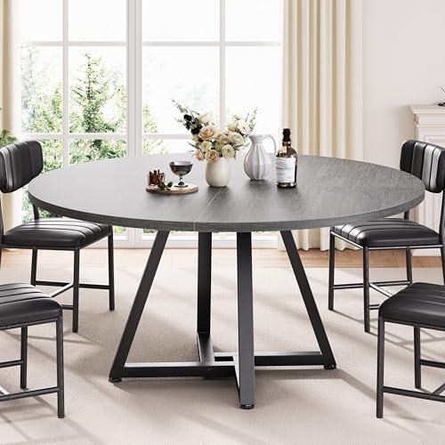 Jocoevol 51“ Round Kitchen Dining Room Table for 6-8, Circle Dining Dinner Table with Pedestal Metal Frame, Space Saving Wood Industrial Furniture for Small Space (Grey, 51In) - color: Grey