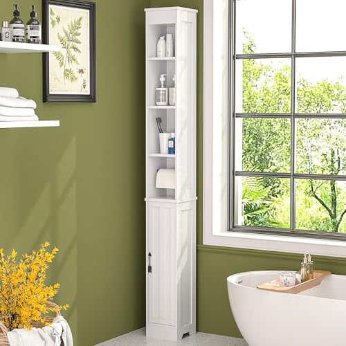 VECELO Tall Narrow Storage Cabinet with Adjustable Shelves, Slim Freestanding Bathroom Cabinet with Toilet Paper Holder, Magnetic Door, for Small Spaces, 7.9" D x 7.9" W x 71" H, Pearl White - color: Shelf Top