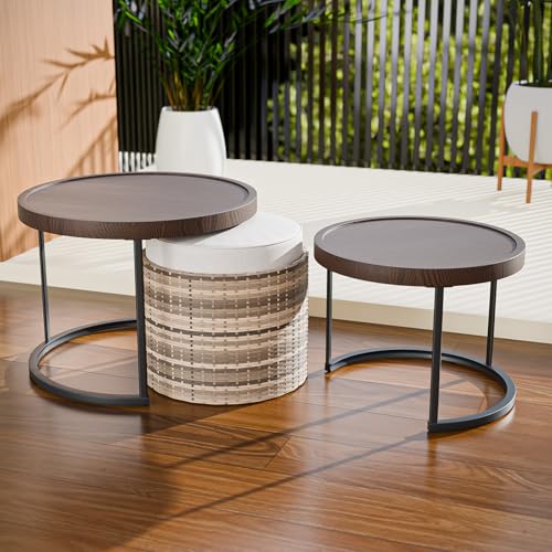 Cabana Chic Nesting Tables with Ottomans, Outdoor Round Side Table, Nesting Coffee Table Set, 2 Tables 1 Ottoman, Brown/Beige - color: Brown/Beige