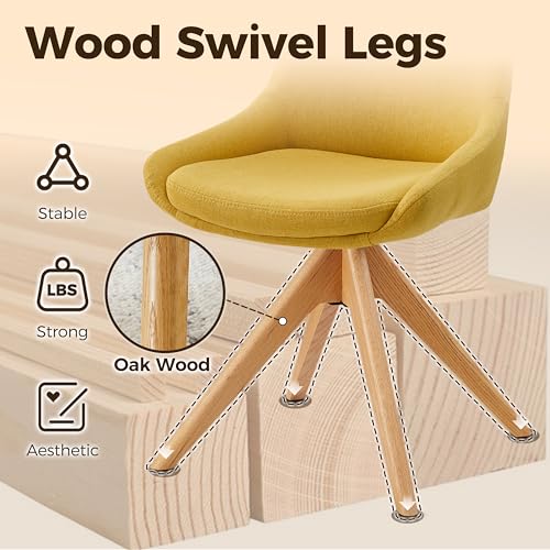 Swivel Desk Chair for Home Office, Oak Wood, Fabric, Yellow | No Wheels Design, Solid Wood Legs, Mid Century Modern, Upholstered, 360° Swivel, Low Armrests, Living Room, Bedroom - color: Yellow