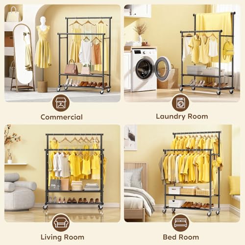 Rolling Clothes Rack with Doule Rod for Hanging, Heavy Duty Metal Garment Rack Load 450 LBS with Lockable Wheel, Free Standng Clothing Rack with 2 Shelves and Side Hooks for Home Commercial, Black - color: Black
