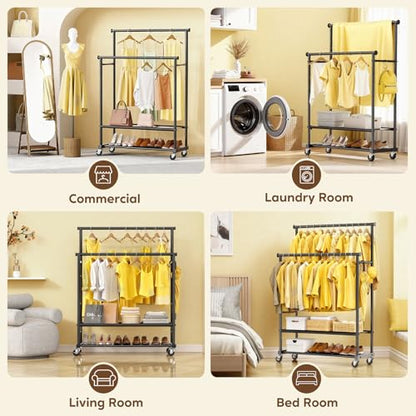 Rolling Clothes Rack with Doule Rod for Hanging, Heavy Duty Metal Garment Rack Load 450 LBS with Lockable Wheel, Free Standng Clothing Rack with 2 Shelves and Side Hooks for Home Commercial, Black - color: Black