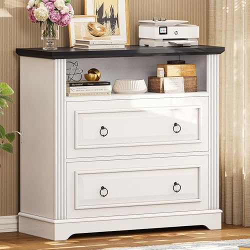 Itaar 2 Drawer File Cabinet, Farmhouse Filing Cabinet for Home Office Fits Letter, Legal, A4 Size, Wood Lateral File Cabinet with Printer Stand, Storage Shelf, White - color: White