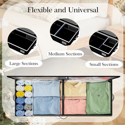 GoMaihe Under Bed Storage with Wheels: 70L Rolling Bins for Wrapping Paper Storage, Toys, Clothes - Includes Mesh Bag & Adjustable Dividers, Metal Frame Easy Pull-out Black 1-Pack - color: Black