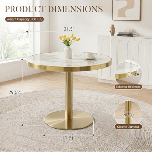 31.5" Tulip Table with Sintered Stone Tabletop and Golden Metal Pedestal, Small Round Dining Table for 2-4 Person, Modern Bistro Table for Kitchen, Small Spaces, Living Room, Cafe (Glossy Pandora) - color: Glossy Pandora(gold Frame), size: Round