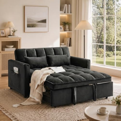 Sleeper Sofa Bed with Adjustable Backrest & Side Pockets, Black | Adjustable Backrest & Side Pockets,Pull Out Sofa,Comfortable Fabric - color: S-black-mos