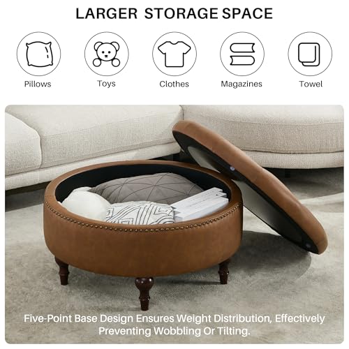 31.5" Large Round Storage Ottoman, Upholstered PU Ottoman Coffee Table | Large Ottoman with Solid Wooden Legs and Nailheads, Side Table for Living Room Bedroom Office, Brown - color: Brown