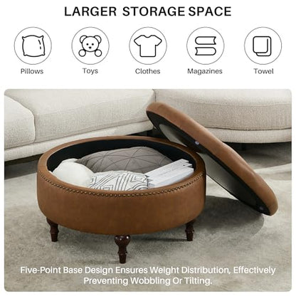 31.5" Large Round Storage Ottoman, Upholstered PU Ottoman Coffee Table | Large Ottoman with Solid Wooden Legs and Nailheads, Side Table for Living Room Bedroom Office, Brown - color: Brown