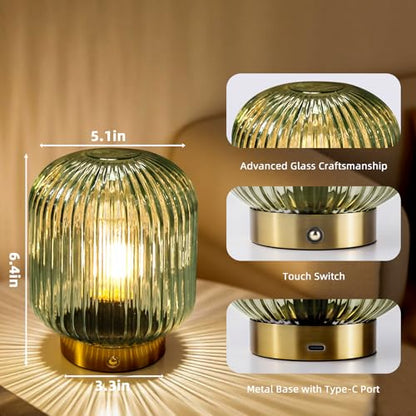 MJ PREMIER Rechargeable Table Lamp,Cordless Lamp with Memory Function,Green | Small Glass LED Lamp with Dimmable Brightness, Decorative Touch Lamps for Bedroom Living Room