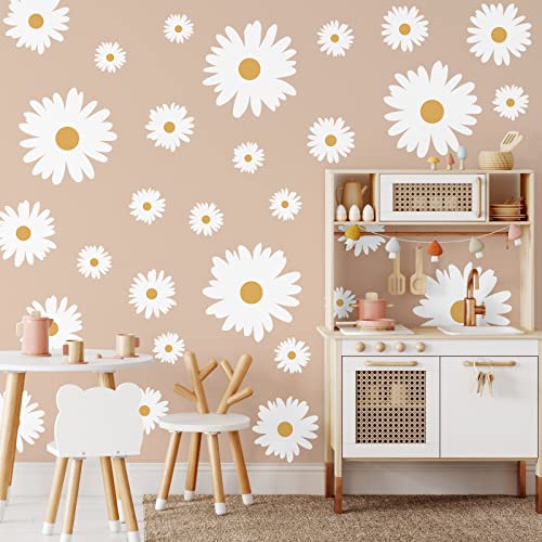 TaoBary 12 Sheet Daisy Wall Sticker Decal Flower Decal for Room Decor | Big Flower Wall Sticker, Pink White Floral Decal, Daisy Bedroom Room Decor, Removable Peel and Stick, Nursery Home Wall Decor - color: White, Yellow, style: Multi Petal Style